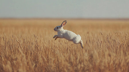 A lively rabbit leaps joyfully through a golden field, showcasing its agility and beauty in a serene natural setting. Perfect for nature and wildlife themes.の素材