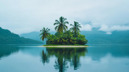 A serene tropical island featuring lush palm trees and calm waters, surrounded by misty mountains. This tranquil paradise is perfect for travel and relaxation.の素材
