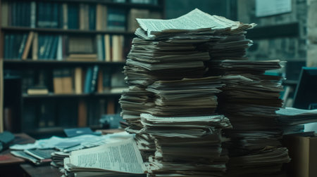 A chaotic stack of papers and documents in a vintage library creates a captivating atmosphere for study and research. Perfect for illustrating organization themes.の素材