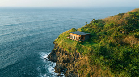 A charming cabin perched on a cliff, offering stunning ocean views. Surrounded by lush greenery, this serene retreat is perfect for relaxation and escape into nature.の素材