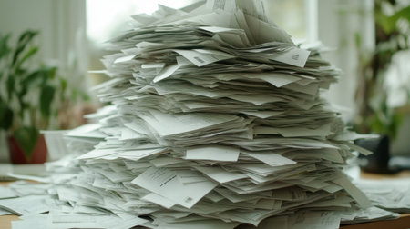 A large pile of unorganized paperwork rests on a desk, symbolizing the challenges of managing documents and the stress of administrative tasks in an office environment.の素材