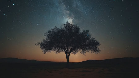 A stunning silhouette of a tree against a starry night sky, capturing the beauty of nature and tranquility in a serene landscape, perfect for inspiration.の素材