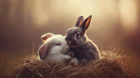 Two adorable rabbits share a tender moment in a cozy nest, showcasing their fur and playful demeanor in a warm and natural setting. Perfect for animal lovers.の素材
