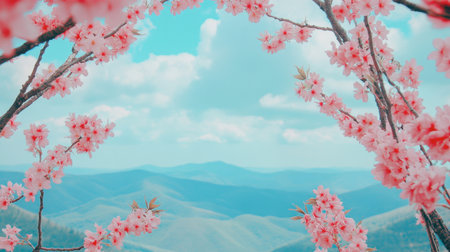 A stunning view framed by vibrant cherry blossoms against a serene mountain backdrop. This picturesque scene captures the essence of spring beauty and tranquility.の素材