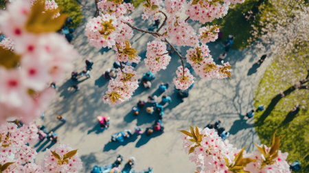 This aerial view captures blooming cherry blossoms above park visitors enjoying a sunny day. The vibrant scene highlights nature's beauty in spring.の素材