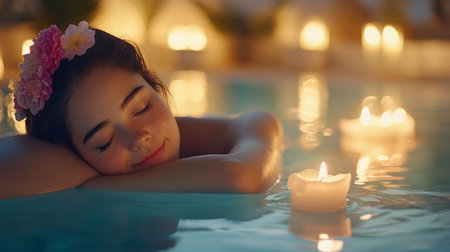 A serene scene featuring a woman relaxing in a pool, surrounded by floating candles and flowers. This image captures tranquility and peace, perfect for relaxation themes.の素材