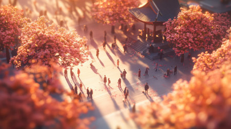 A serene park scene featuring people enjoying the beauty of cherry blossoms under warm sunlight, showcasing spring's vibrant colors and welcoming atmosphere.の素材