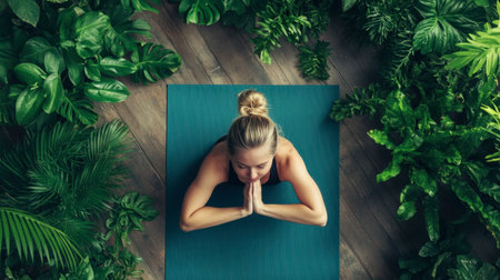 A serene woman practices yoga in a lush, green indoor space, showcasing a moment of mindfulness and tranquility amidst vibrant plants and nature.の素材
