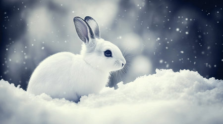 A cute white rabbit sits in soft snow, surrounded by falling snowflakes. This serene winter scene captures the beauty of nature in a tranquil setting.の素材