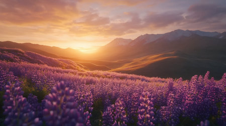 A stunning landscape showcasing vibrant purple flowers in full bloom during a picturesque sunset, framed by majestic mountains and a colorful sky.の素材