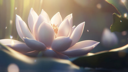 A beautiful close-up of a lotus flower illuminated by soft sunlight in a serene garden setting, evoking feelings of peace and tranquility in nature.の素材