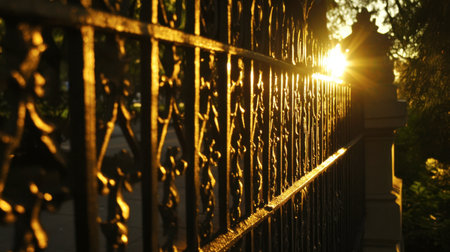A beautiful sunrise casts golden light through an ornate iron fence, creating a stunning interplay of shadows and highlights. Perfect for nature themes.の素材