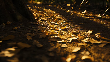 Beautiful autumn scene of golden leaves covering the ground, illuminated by soft sunlight. A peaceful depiction of nature's changing season, ideal for highlighting tranquility and organic beauty.の素材