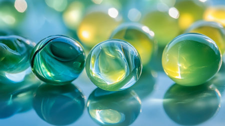 A stunning closeup of colorful glass marbles featuring shades of green and yellow, beautifully reflecting light against a soft blue background.の素材