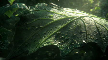 A beautiful close-up of a dewy leaf with intricate textures and sunlight illuminating its surface, showcasing the freshness of nature and vibrant greenery.の素材