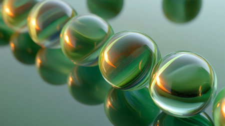 A stunning arrangement of green glass marbles captures light beautifully against a reflective surface, creating a serene and artistic visual. Perfect for various creative projects.の素材