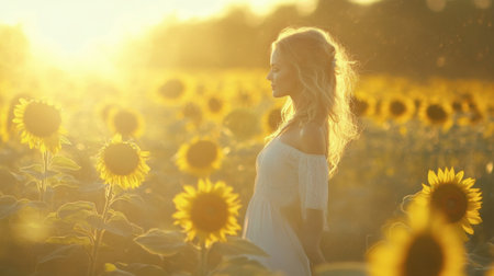 A serene young woman stands in a vibrant sunflower field during sunset, capturing the essence of beauty and tranquility in natureの素材