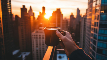 Enjoy a peaceful morning with a warm cup of coffee as the sunrise casts a beautiful glow over the city skyline, creating a serene atmosphere.の素材