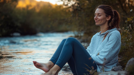 A calm woman enjoys a moment of reflection by the river, surrounded by nature. Her serene expression and barefoot stance convey peace and tranquility.の素材