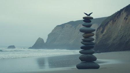 A tranquil scene of carefully stacked stones on a foggy beach, showcasing nature's beauty and harmony. The calming atmosphere invites reflection and peace.の素材