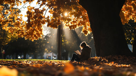 A young person sits peacefully under a large tree, enjoying a book while surrounded by golden autumn leaves and warm sunlight. Ideal for themes of relaxation and nature.の素材