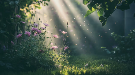 A tranquil scene showcasing morning light filtering through a garden, illuminating delicate flowers and soft particles in a serene outdoor setting.の素材