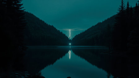 A captivating scene depicting a lightning strike illuminating a tranquil lake at twilight, surrounded by towering trees and mountains. Perfect for atmospheric landscape needs.の素材