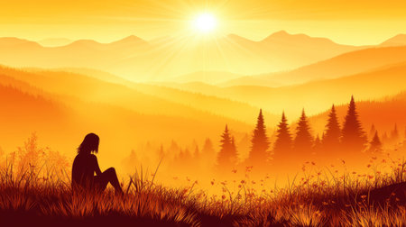 Experience the tranquility of a stunning sunset over mountains. This serene landscape features a silhouette against a vibrant sky filled with warm hues.の素材