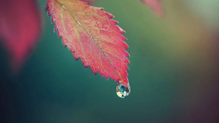 A close-up of a vibrant red autumn leaf with a dew drop hanging delicately, showcasing the beauty of nature's details and refreshing moisture.の素材