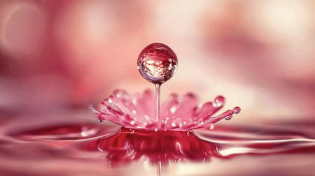 A captivating image of a water drop creating ripples on a pink background, capturing the beauty and elegance of liquid motion in a serene moment.の素材