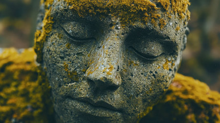 This close-up image showcases a weathered stone face covered in moss, evoking a sense of tranquility and connection to nature's beauty.の素材