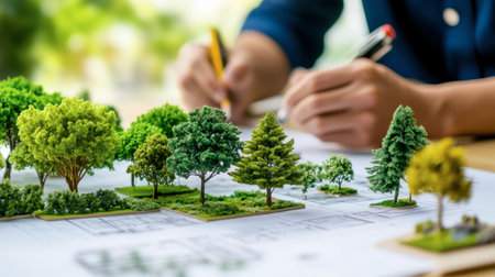 A detailed workspace scene featuring miniature trees and landscape plans. A person sketches in a design, highlighting nature and creativity in landscape architecture.の素材