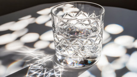 A crystal glass filled with water creates enchanting reflections and patterns on a surface, showcasing the beauty of light and minimalism in design.の素材