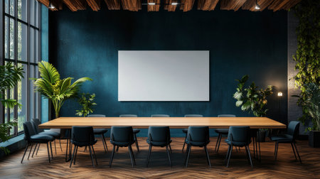 Spacious conference room featuring a large wooden table surrounded by stylish chairs, illuminated by natural light and complemented by lush green plants.の素材