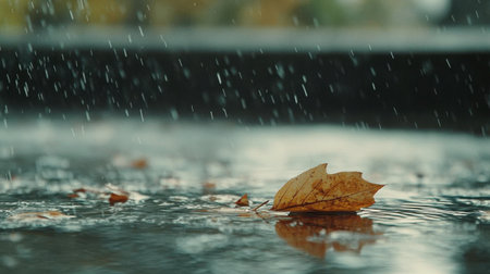 A close-up view of a single autumn leaf lying on a wet surface, surrounded by falling rain droplets. The scene captures the essence of tranquility and nature's beauty.の素材