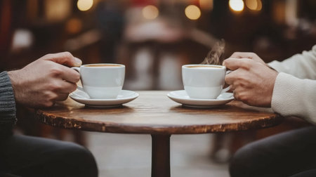 Two pairs of hands holding coffee mugs, creating a cozy atmosphere perfect for conversation and connection in a cafの素材
