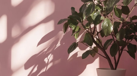 A lush green plant casts intriguing shadows on a soft pink wall, creating a calming ambiance. Ideal for nature-inspired decor and soothing environments.の素材