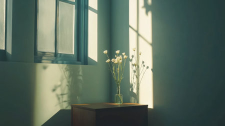 A serene sunlit room featuring a vase of flowers next to a window. Soft shadows create an ambiance of tranquility and beauty in this minimalist interior setting.の素材