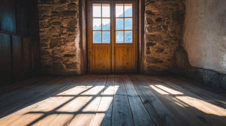 A serene room featuring stone walls and a wooden floor, illuminated by soft sunlight through the window, creating a tranquil atmosphere perfect for relaxation.の素材