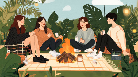 A group of friends enjoys a cozy campfire in a beautiful outdoor setting, sharing laughter and warm drinks amidst lush greenery and a serene atmosphere.の素材