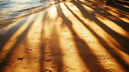 A tranquil beach scene showcasing long shadows cast by trees during sunset. The golden sand and soft light create a serene atmosphere perfect for relaxation and escape.の素材