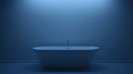 A serene and modern bath space featuring a sleek white bathtub illuminated by soft blue lighting, creating a calming atmosphere ideal for relaxation and wellness.の素材