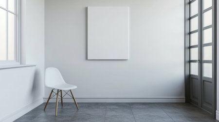 A minimalist room featuring a simple chair and an empty canvas, perfect for showcasing artistic ideas in a serene and modern environment.の素材