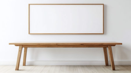 A spacious wooden table stands against a blank wall, creating a minimalist aesthetic. Perfect for interior design projects showcasing simplicity and elegance.の素材