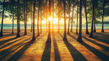 Experience the beauty of a serene sunset illuminating a tranquil beach. Tall trees cast long shadows as sunlight filters through branches, creating a peaceful atmosphere.の素材