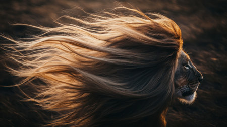 A stunning profile of a majestic lion showcasing its flowing mane in soft evening light, embodying strength and grace in the wild.の素材
