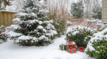 A picturesque winter scene featuring snow-covered trees and beautifully wrapped gifts, creating a serene and festive holiday atmosphere perfect for seasonal celebrations.の素材