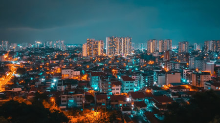 A stunning cityscape showcasing illuminated buildings and streets under a night sky. The vibrant lights create a tranquil and modern atmosphere in the urban landscape.の素材
