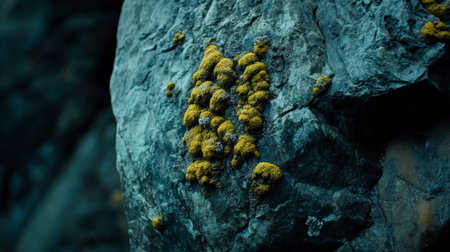 This image showcases vibrant yellow lichen growing on a rocky surface, highlighting the intricate details and textures found in nature's landscapes.の素材