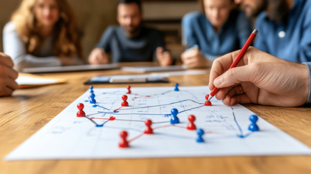 A team engaged in a strategy planning session, illustrating collaboration and creativity. A hand points to a strategic map, surrounded by focused members discussing ideas.の素材